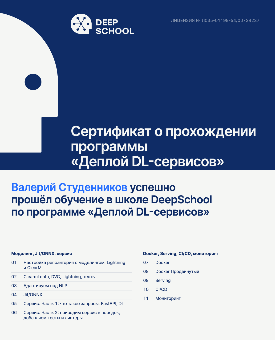 Сертификат о прохождении программы «Деплой DL-сервисов» в школе DeepSchool