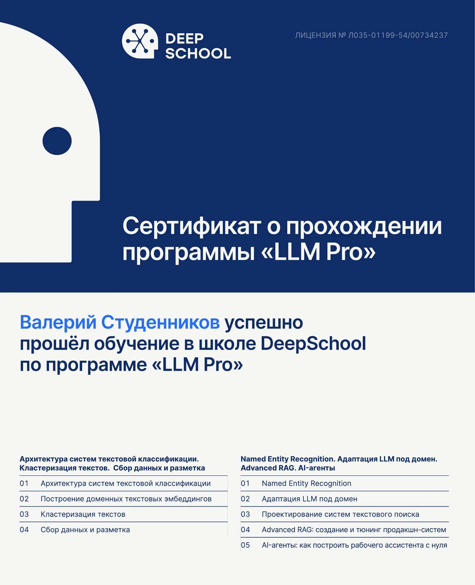 Сертификат о прохождении программы «LLM Pro» в школе DeepSchool